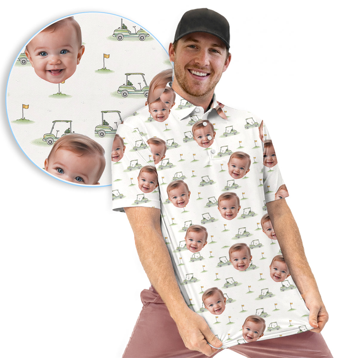 Funny Custom Baby Face Golf Polo Shirt for Men Personalized Photo Golf Shirt with Golf Cart Pattern All Over Print Unique Golf Gift for Dad or Grandpa