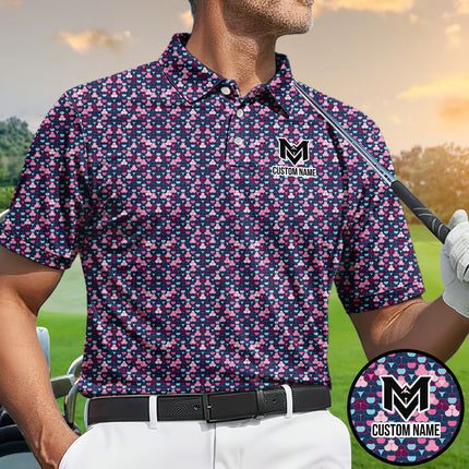 Pink Blue Golf Ball Pattern Polo Shirt for Men Modern All Over Print Performance Golf Polo Lightweight Breathable Golf Apparel