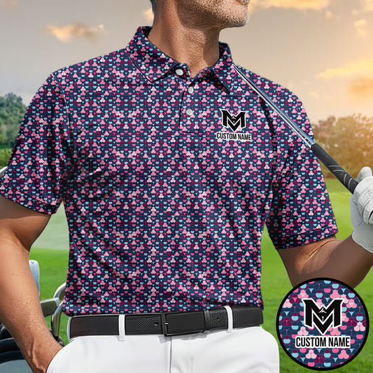 Personalized Pink Blue Golf Ball Pattern Polo Shirt for Men Modern All Over Print Performance Golf Polo Lightweight Breathable Golf Apparel