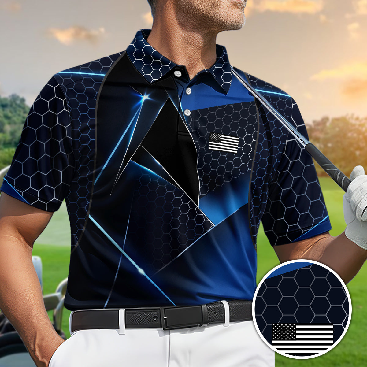 Golf Polo Shirt for Men, USA Flag Hexagon, Golf Gift