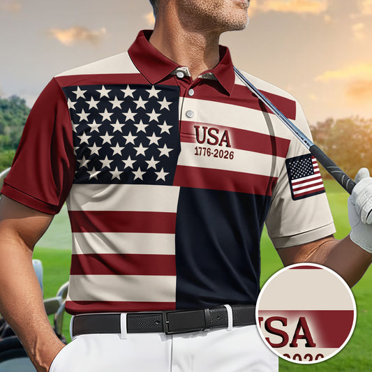 Golf Polo Shirt for Men, USA 1776 2026 Flag Design, Unique Golf Gift