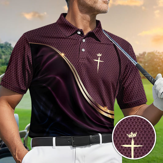 Golf Polo Shirt for Men, Crown Cross Christian Design, Unique Golf Gift