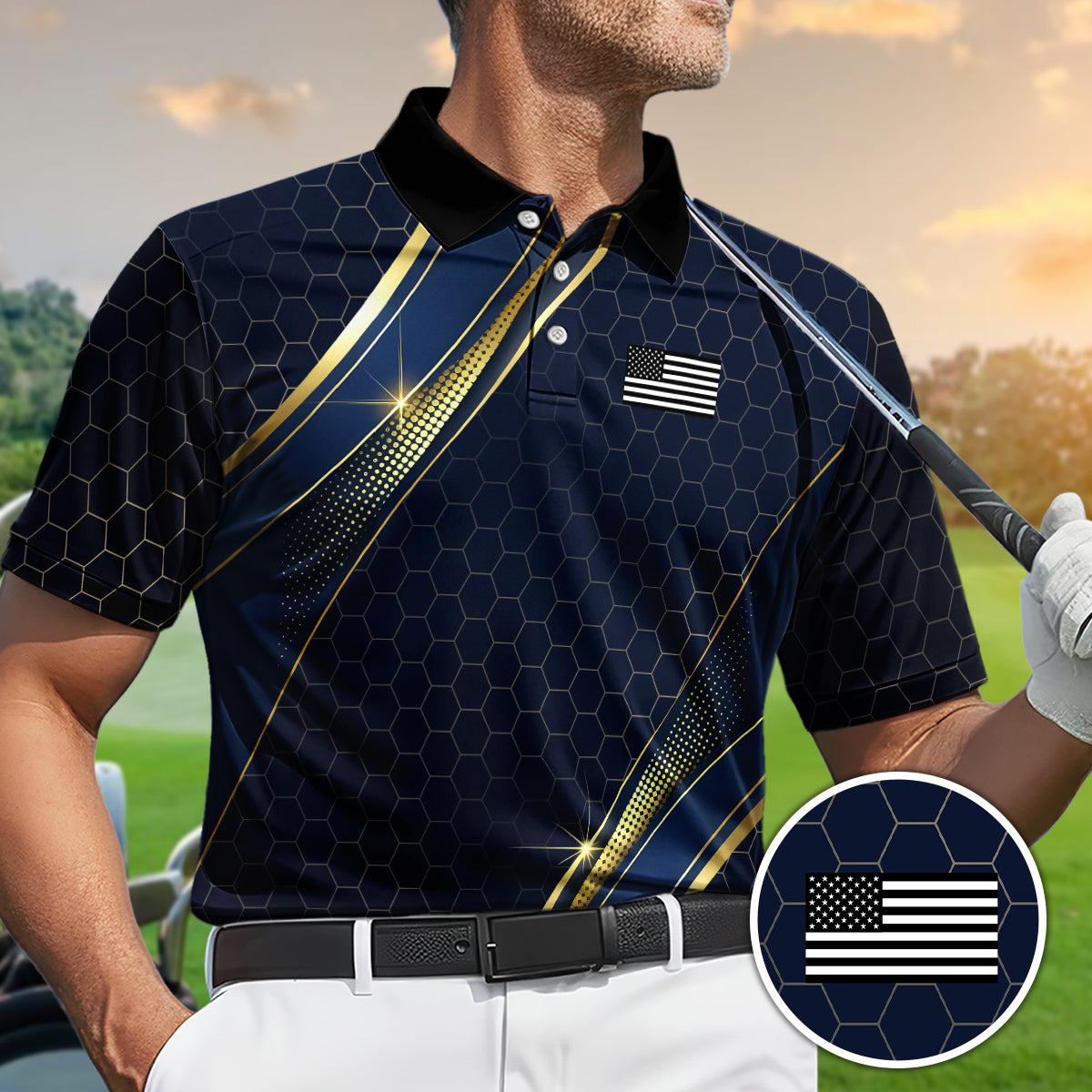 Golf Polo Shirt for Men, Hexagon USA Flag Design, Unique Golf Gift
