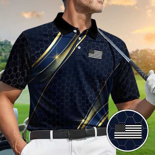 Golf Polo Shirt for Men, Hexagon USA Flag Design, Unique Golf Gift