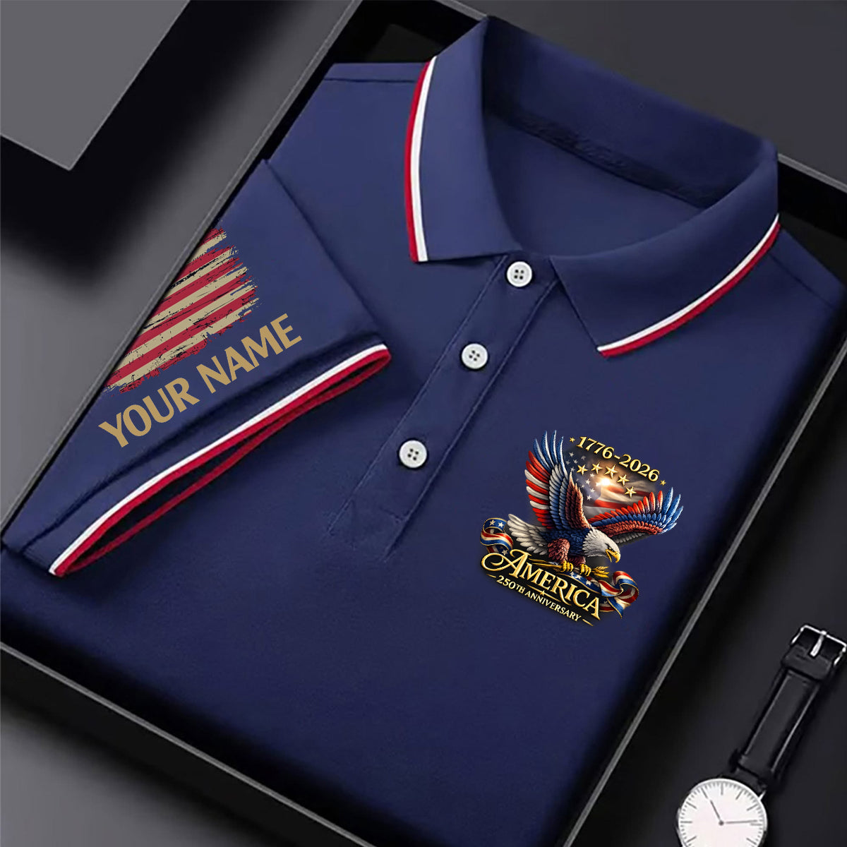 Personalized Golf Polo Shirt for Men, USA Eagle 250th Anniversary, Custom Name Patriotic Golf Gift