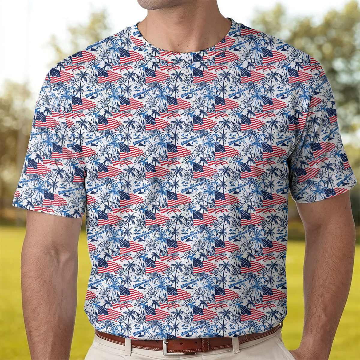 American Flag Hawaiian Golf Polo Shirt for Men – Patriotic USA Tropical Performance Golf Shirt, Lightweight Breathable 4th of July Golf Polo