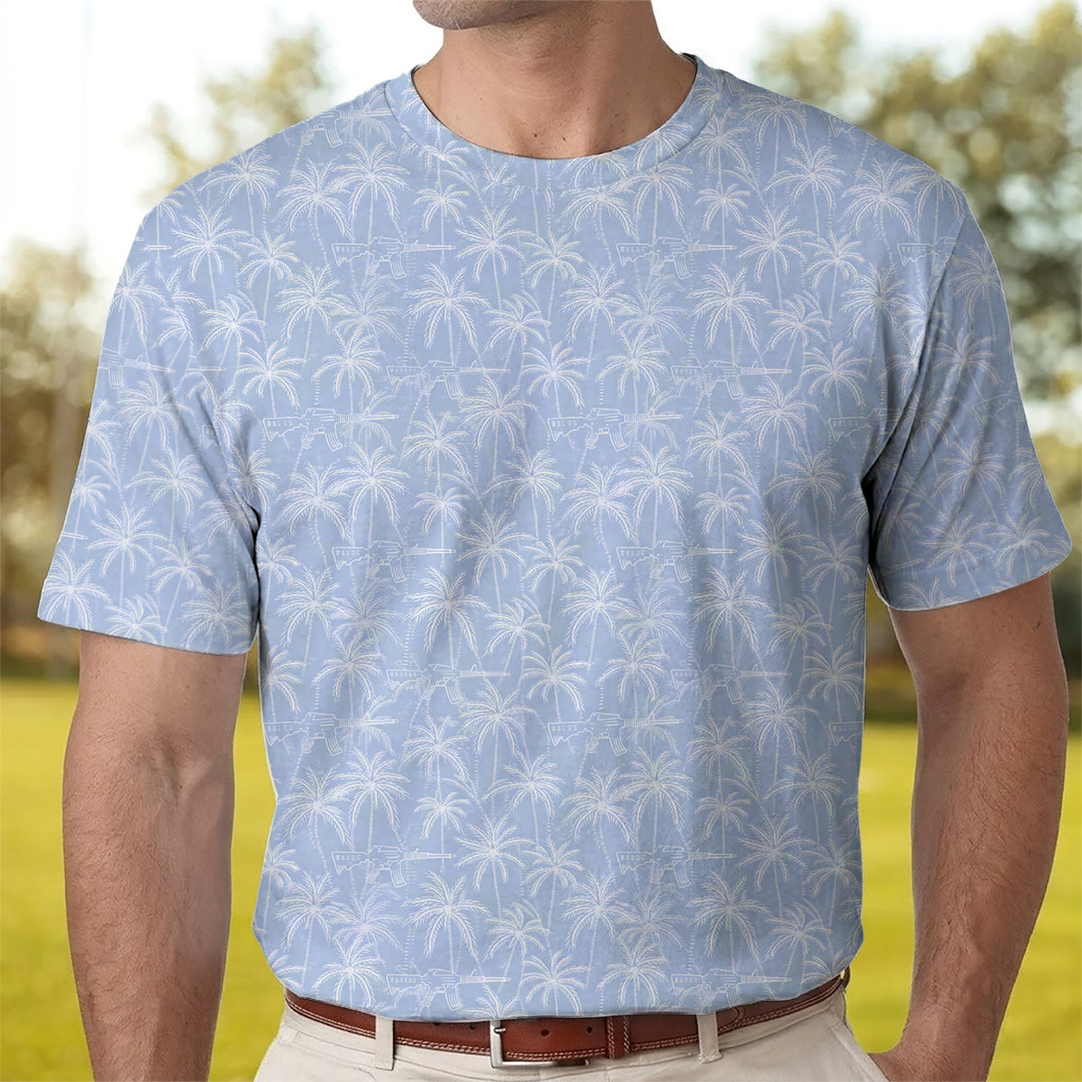 Men’s Tactical Hawaiian Golf Polo Shirt, Palm Tree & Rifle Pattern Golf Shirt, Funny Gun Lover Golf Polo, Patriotic Golf Apparel