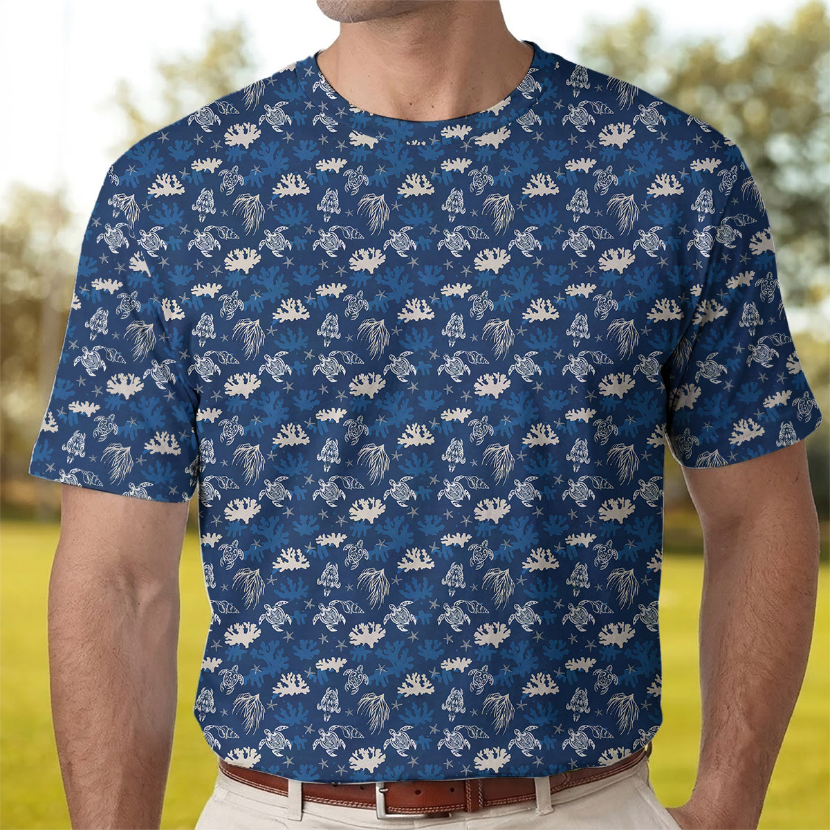 Men’s Hawaiian Sea Turtle Golf Polo Shirt, Ocean Coral & Marine Pattern Golf Shirt, Tropical Beach Style Golf Polo, Summer Golf Apparel