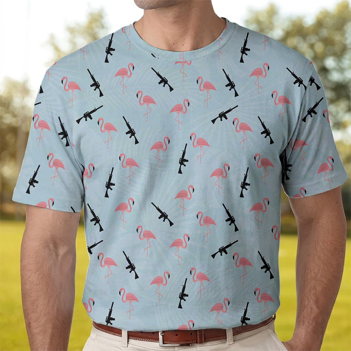 Funny Flamingo Gun Golf Polo Shirt for Men – Tactical Flamingo Pattern Performance Golf Shirt, Lightweight Breathable Novelty Golf Polo