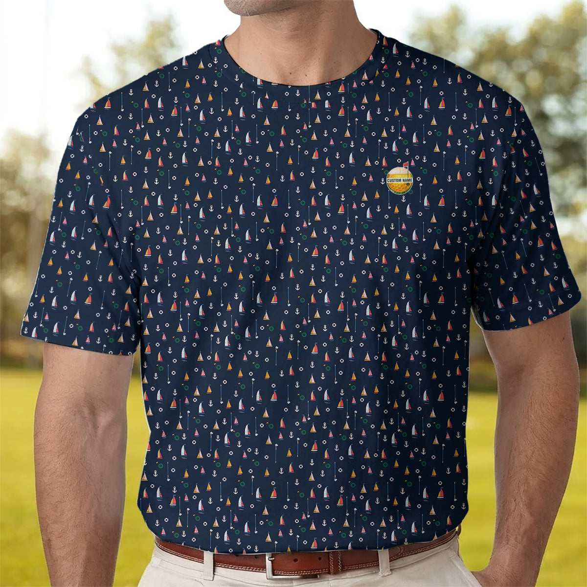 Personalized Custom Name Nautical Sailing Pattern Golf Polo Shirt for Men Unique Golf Apparel