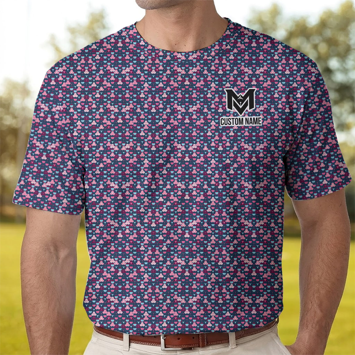 Personalized Pink Blue Golf Ball Pattern Polo Shirt for Men Modern All Over Print Performance Golf Polo Lightweight Breathable Golf Apparel