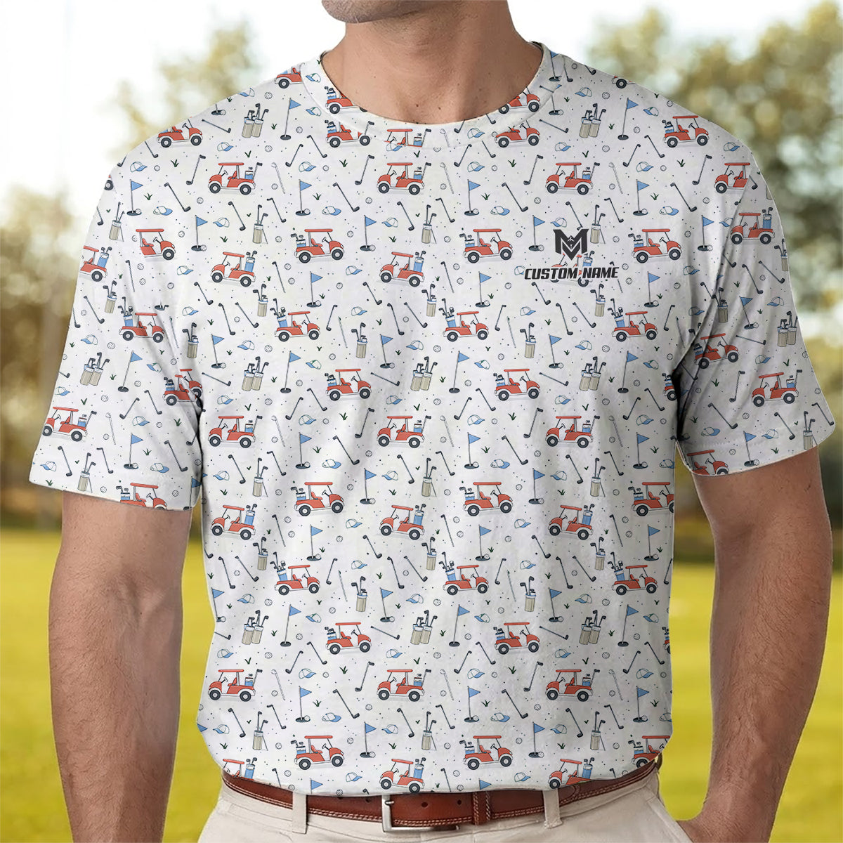 Personalized Funny Golf Cart Pattern Polo Shirt for Men All Over Print Golf Equipment Design Performance Golf Polo Lightweight Breathable Golf Apparel