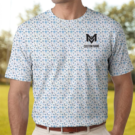 Blue Funny Golf Icons Polo Shirt for Men Golf Equipment Pattern All Over Print Performance Golf Polo Lightweight Breathable Golf Apparel