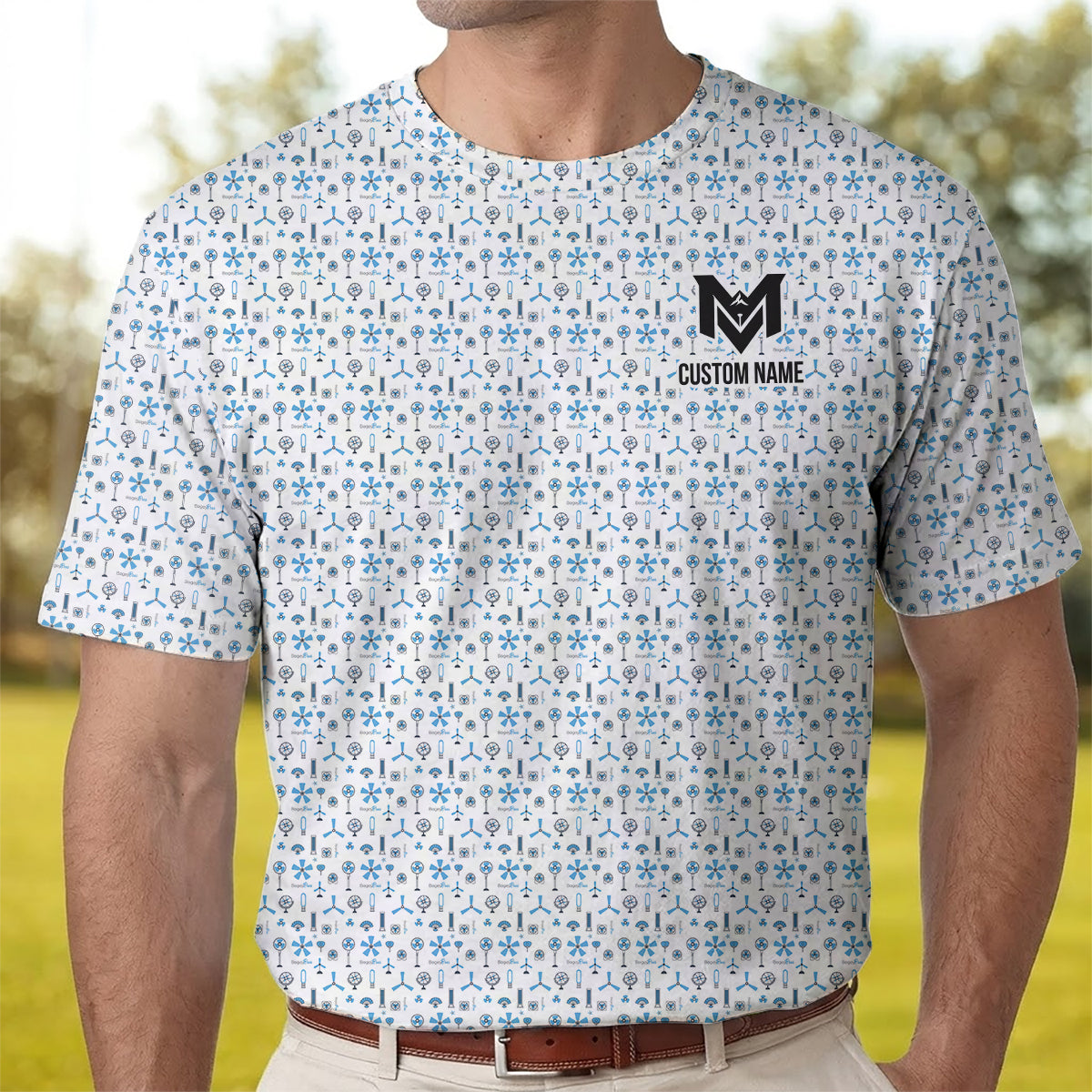 Personalized Blue Funny Golf Icons Polo Shirt for Men Golf Equipment Pattern All Over Print Performance Golf Polo Lightweight Breathable Golf Apparel