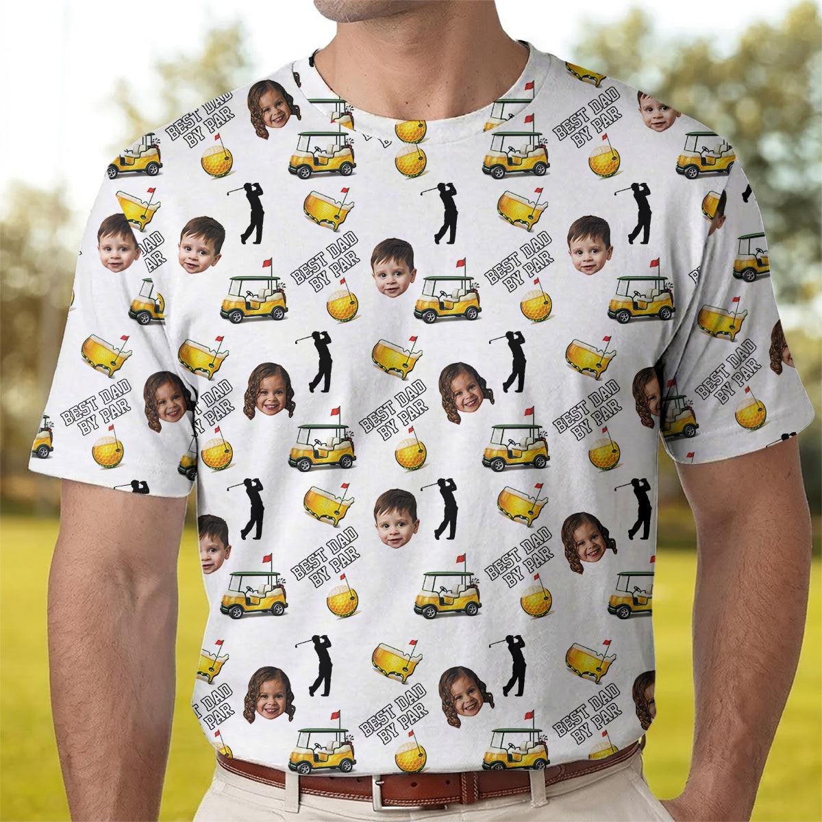 Funny Custom Baby Face, Golf Polo Shirt for Men, Best Dad By Par Golf Cart Pattern