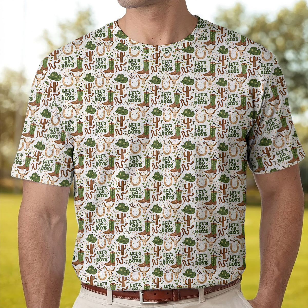 Men’s Funny Cowboy Golf Polo Shirt, Western Boots Cactus “Let’s Go Boys” Pattern Golf Shirt, Country Western Golf Apparel, Rodeo Style Golf Polo