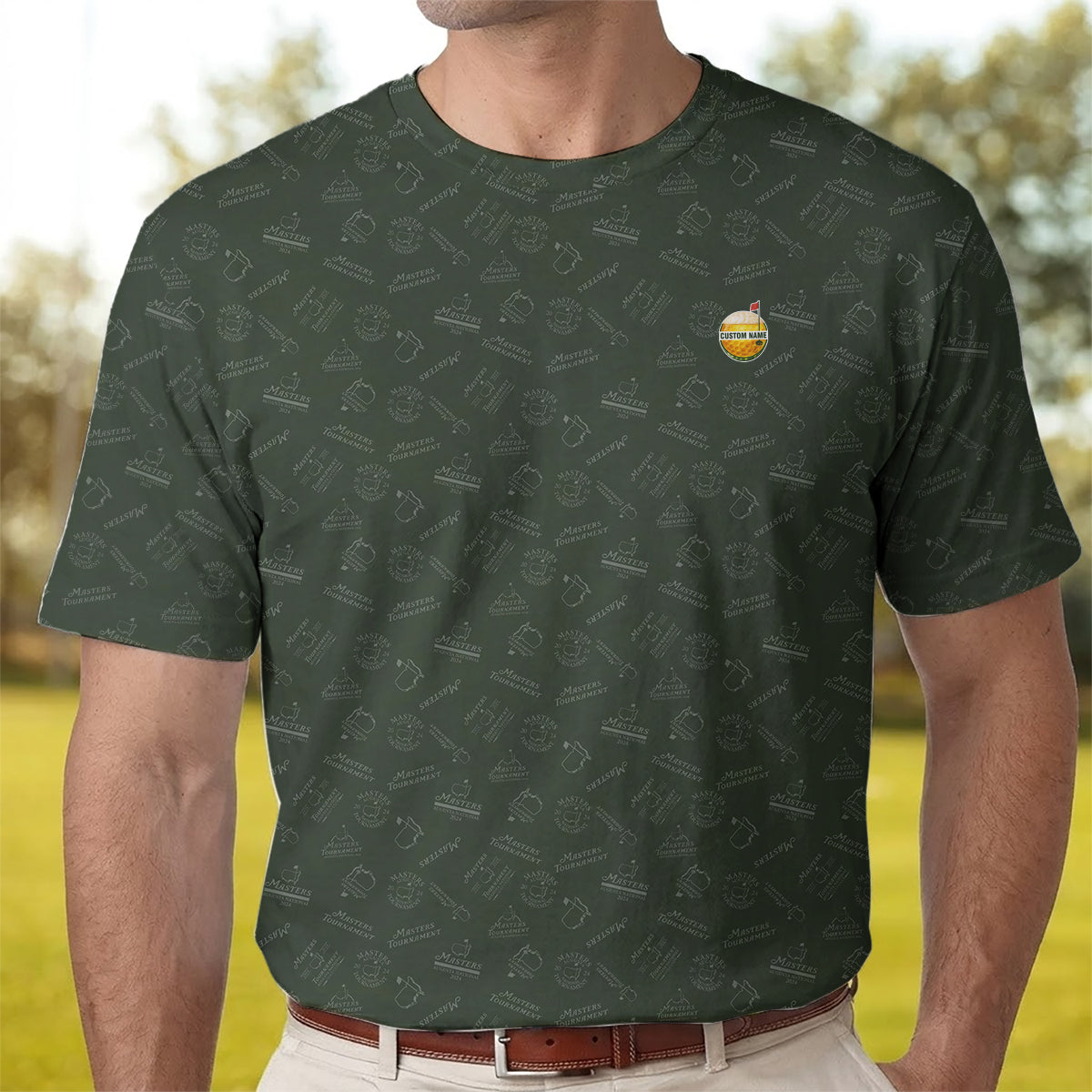 Personalized Masters Style Golf Polo Shirt for Men – Custom Name Golf Ball Logo Performance Polo, Dark Green Pattern Golf Shirt Gift for Golfers