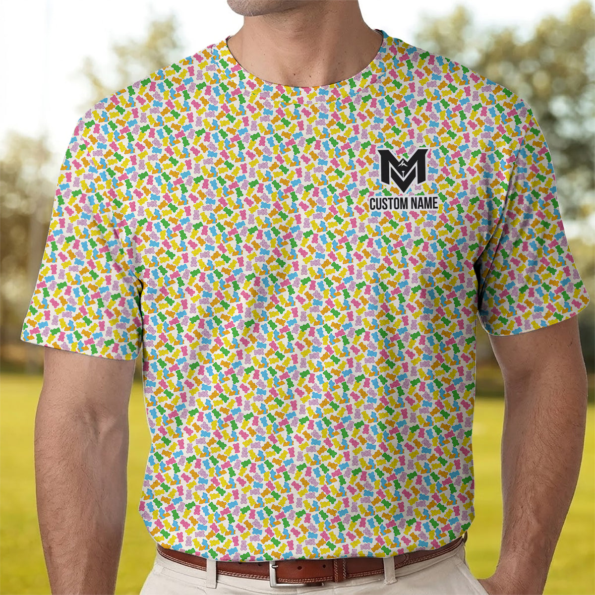 Personalized Colorful Gummy Bear Golf Polo Shirt for Men Funny Candy Pattern All Over Print Performance Golf Polo Lightweight Breathable Golf Apparel