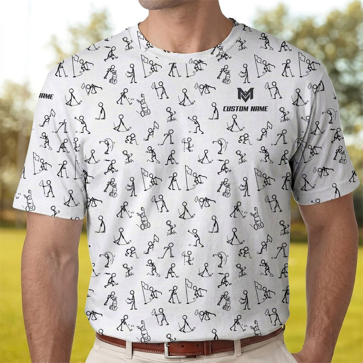 Funny Stick Figure Golf Pattern Polo Shirt for Men Custom Name All Over Print Golf Polo Golf Lover Gift Lightweight Performance Golf Shirt