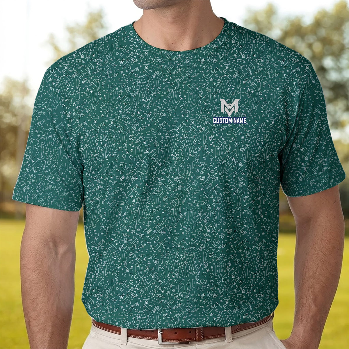 Personalized Green Golf Doodle Pattern Polo Shirt for Men Funny All Over Print Performance Golf Polo Lightweight Breathable Golf Apparel