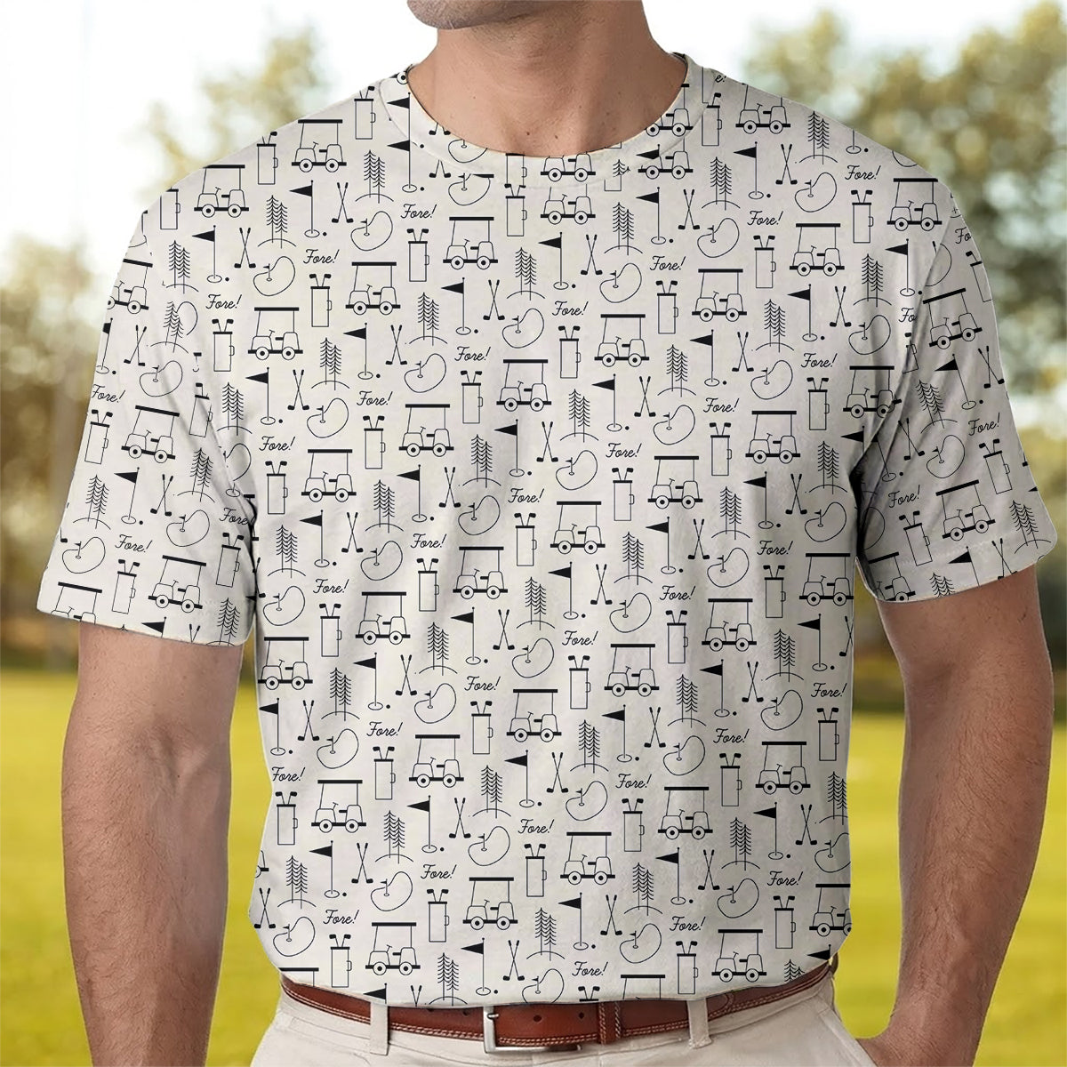Men’s Funny Golf Polo Shirt, Golf Cart & Clubs “Fore!” Pattern, Casual Golf Polo for Golfers, Golf Lover Gift