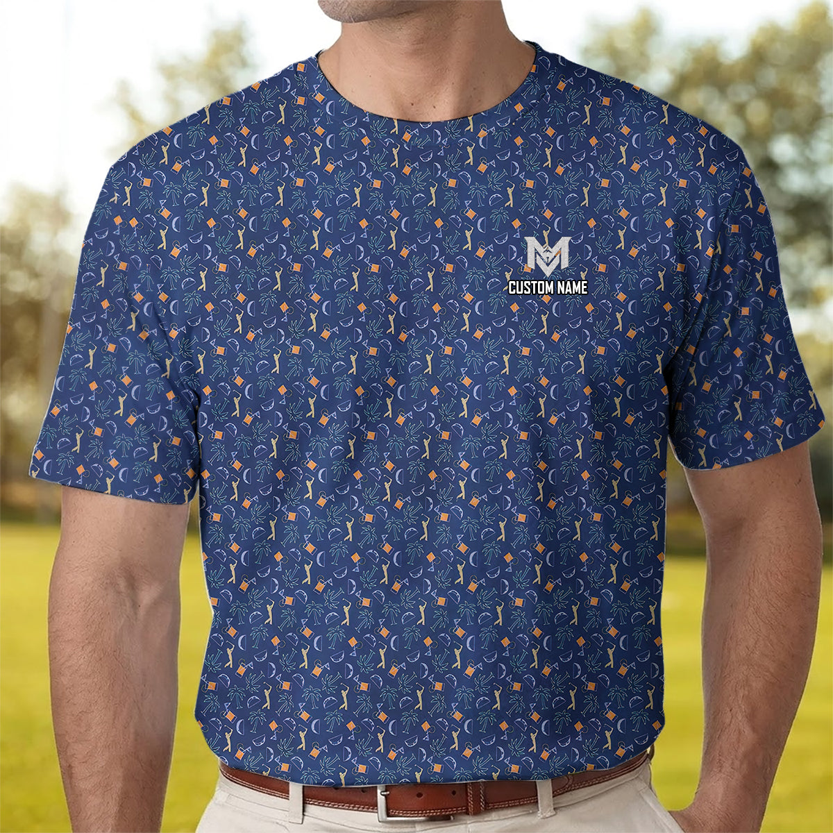 Personalized Funny Golf & Whiskey Pattern Polo Shirt for Men Tropical All Over Print Performance Golf Polo Lightweight Breathable Golfer Shirt