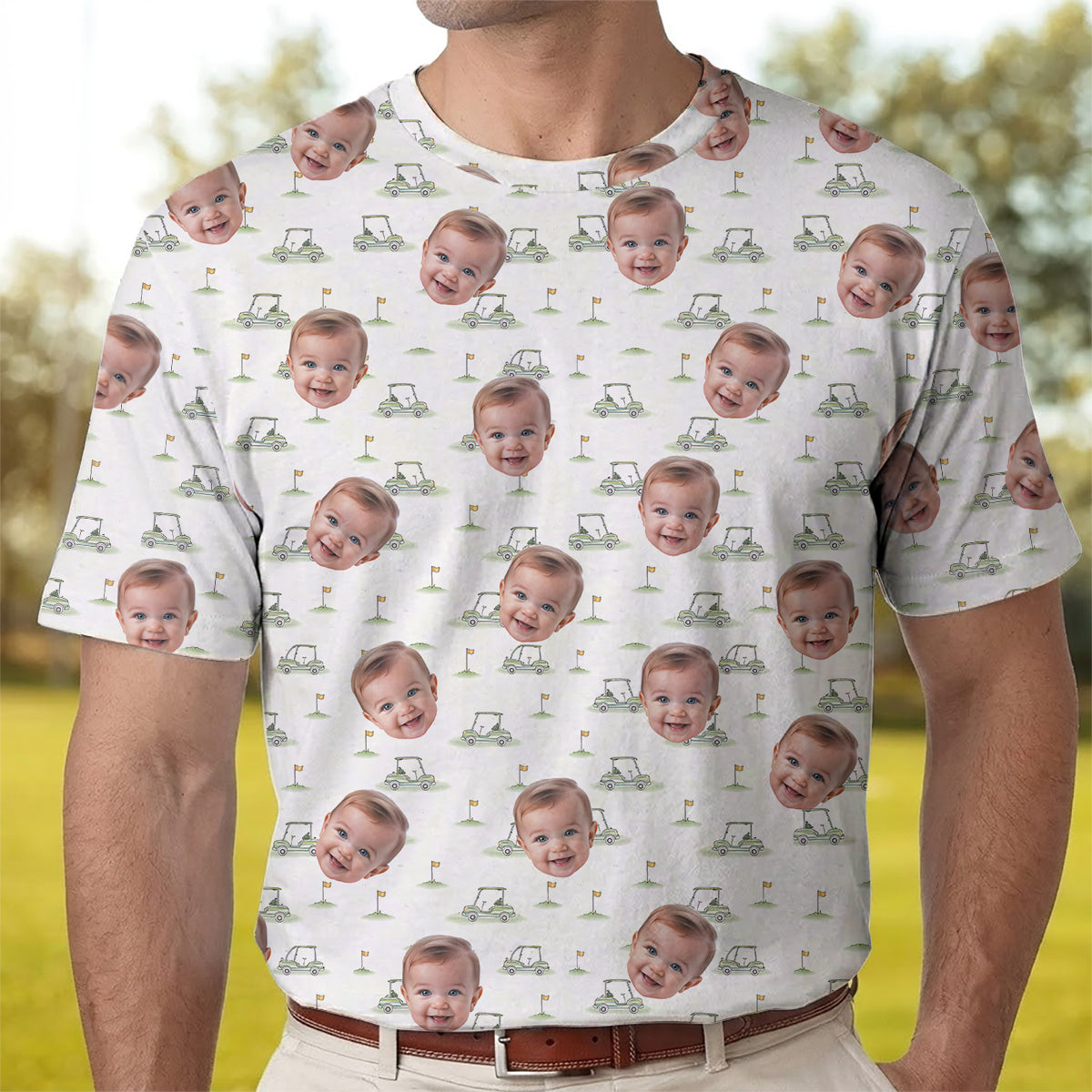 Funny Custom Baby Face Golf Polo Shirt for Men Personalized Photo Golf Shirt with Golf Cart Pattern All Over Print Unique Golf Gift for Dad or Grandpa