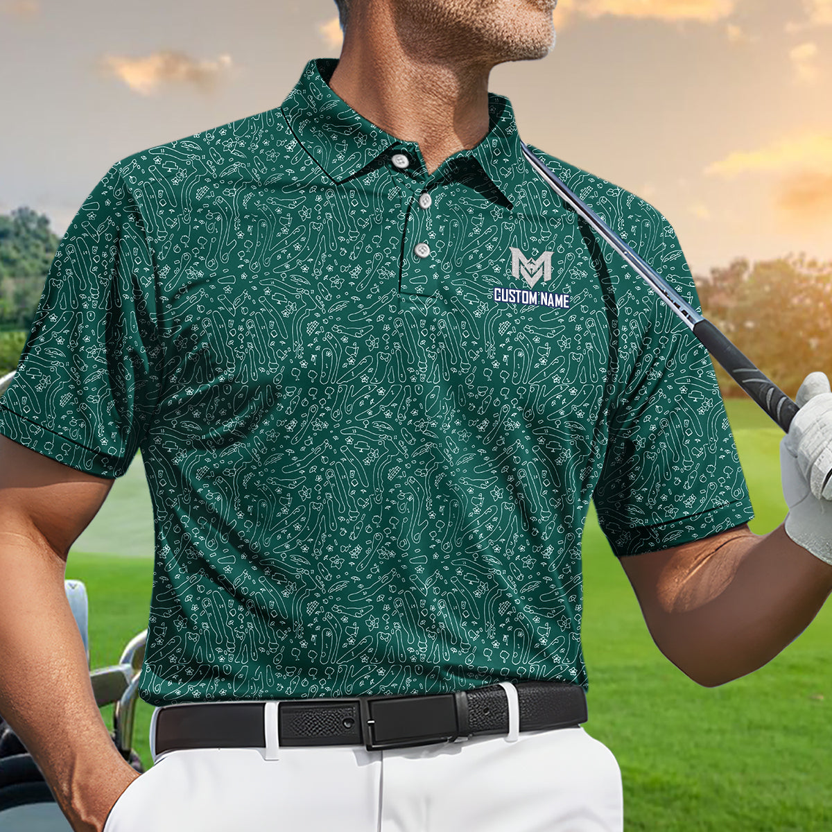 Personalized Green Golf Doodle Pattern Polo Shirt for Men Funny All Over Print Performance Golf Polo Lightweight Breathable Golf Apparel