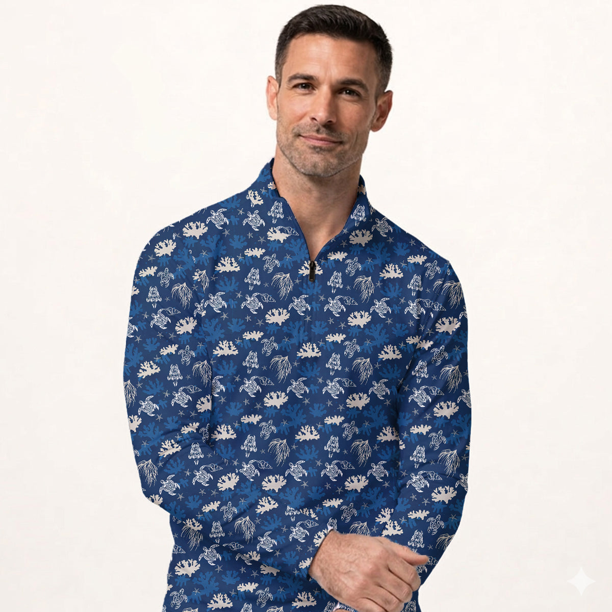 Men’s Hawaiian Sea Turtle Golf Polo Shirt, Ocean Coral & Marine Pattern Golf Shirt, Tropical Beach Style Golf Polo, Summer Golf Apparel