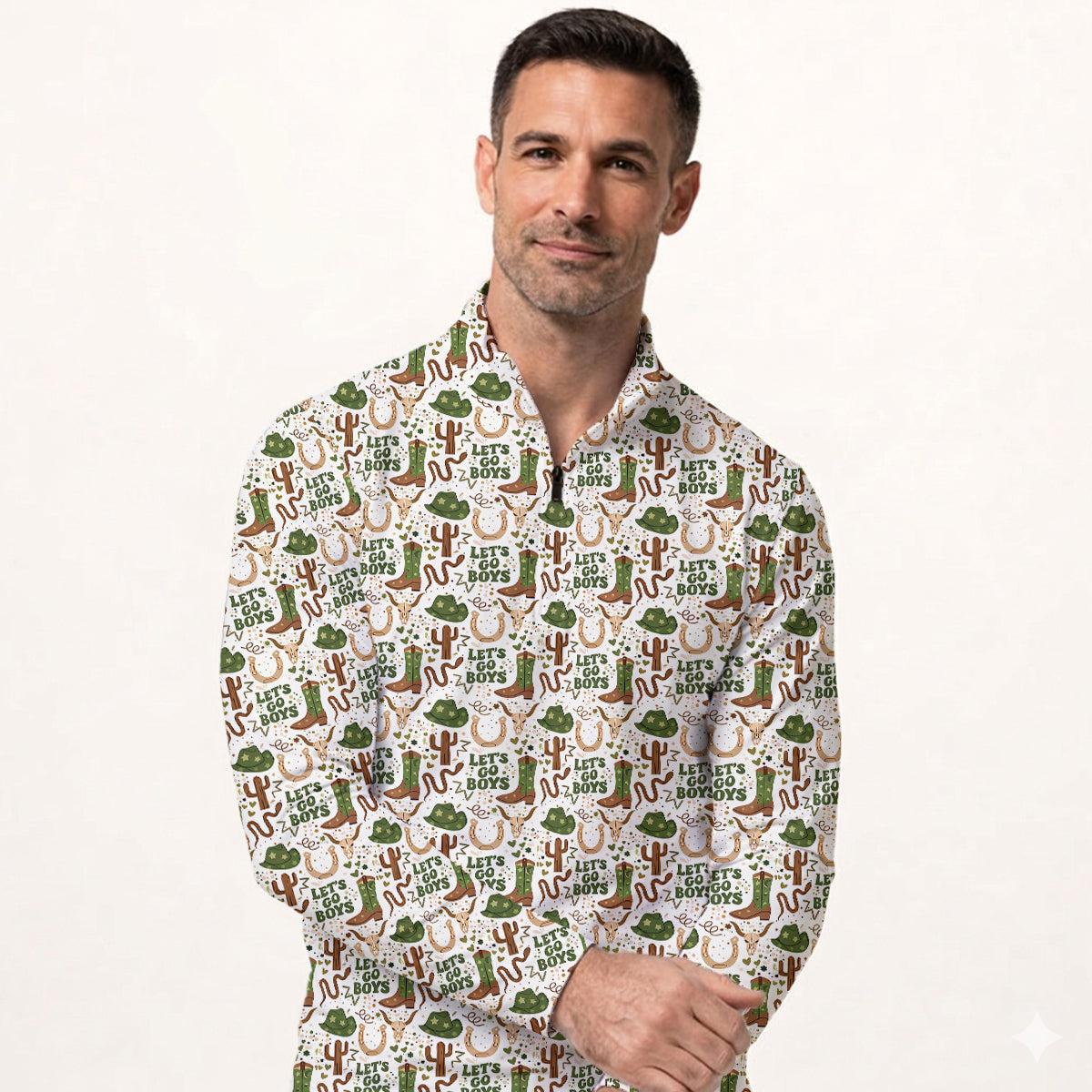 Men’s Funny Cowboy Golf Polo Shirt, Western Boots Cactus “Let’s Go Boys” Pattern Golf Shirt, Country Western Golf Apparel, Rodeo Style Golf Polo
