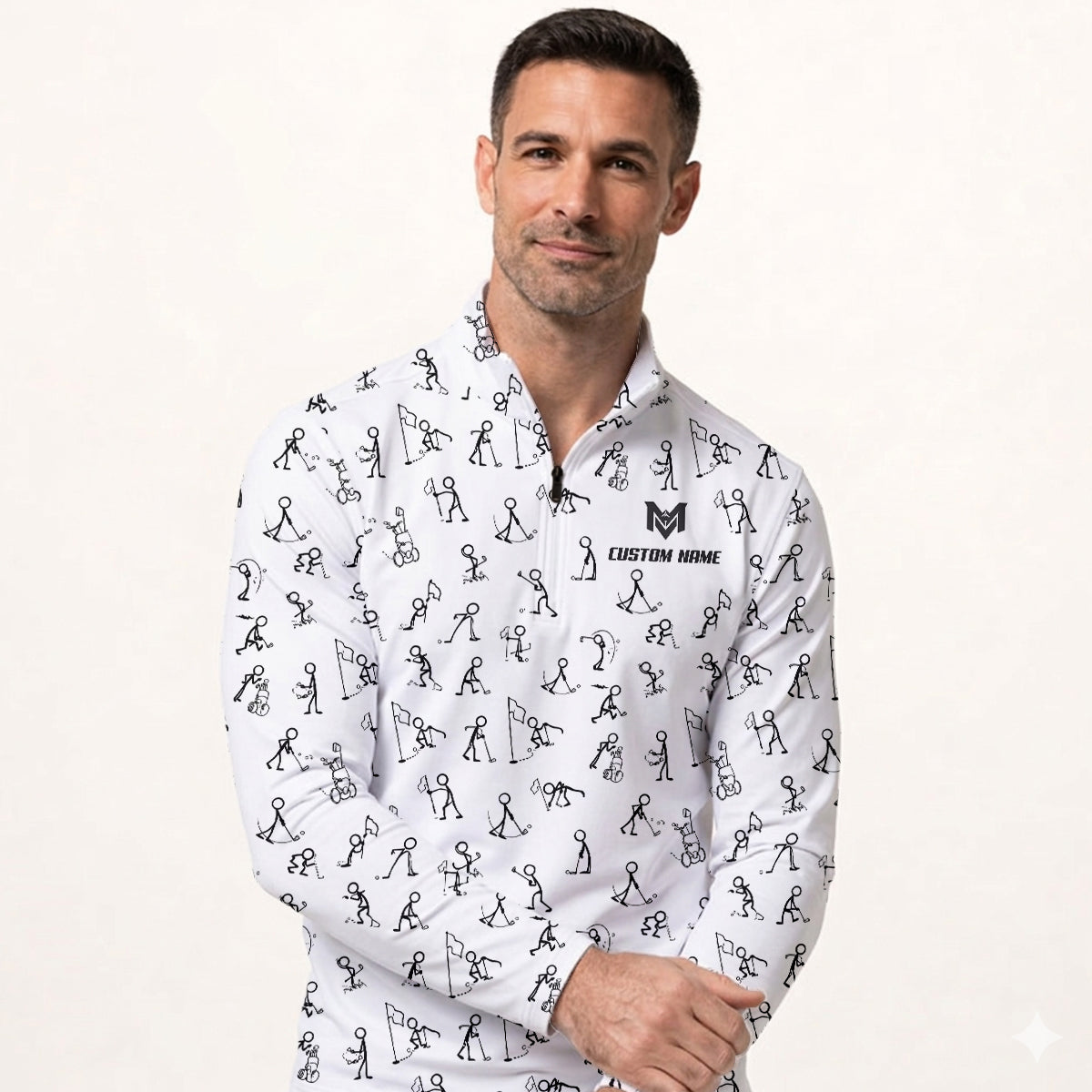 Funny Stick Figure Golf Pattern Polo Shirt for Men Custom Name All Over Print Golf Polo Golf Lover Gift Lightweight Performance Golf Shirt