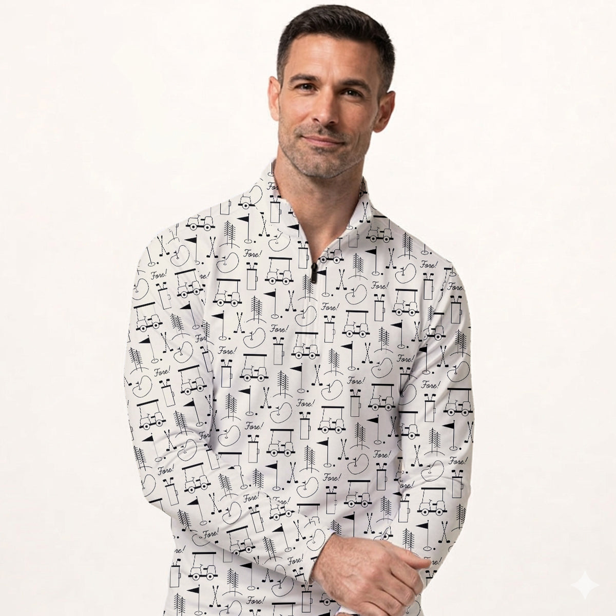 Men’s Funny Golf Polo Shirt, Golf Cart & Clubs “Fore!” Pattern, Casual Golf Polo for Golfers, Golf Lover Gift