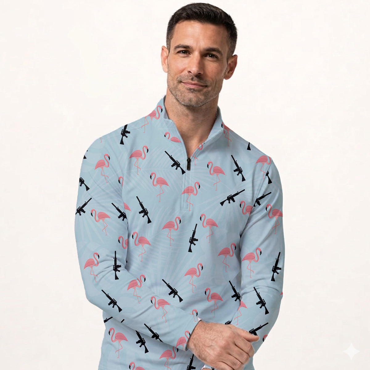 Funny Flamingo Gun Golf Polo Shirt for Men – Tactical Flamingo Pattern Performance Golf Shirt, Lightweight Breathable Novelty Golf Polo
