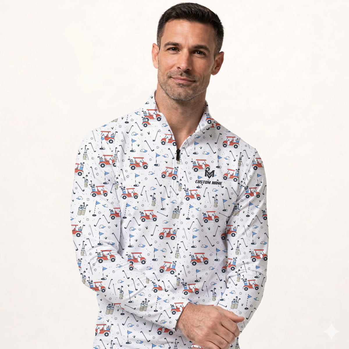 Personalized Funny Golf Cart Pattern Polo Shirt for Men All Over Print Golf Equipment Design Performance Golf Polo Lightweight Breathable Golf Apparel