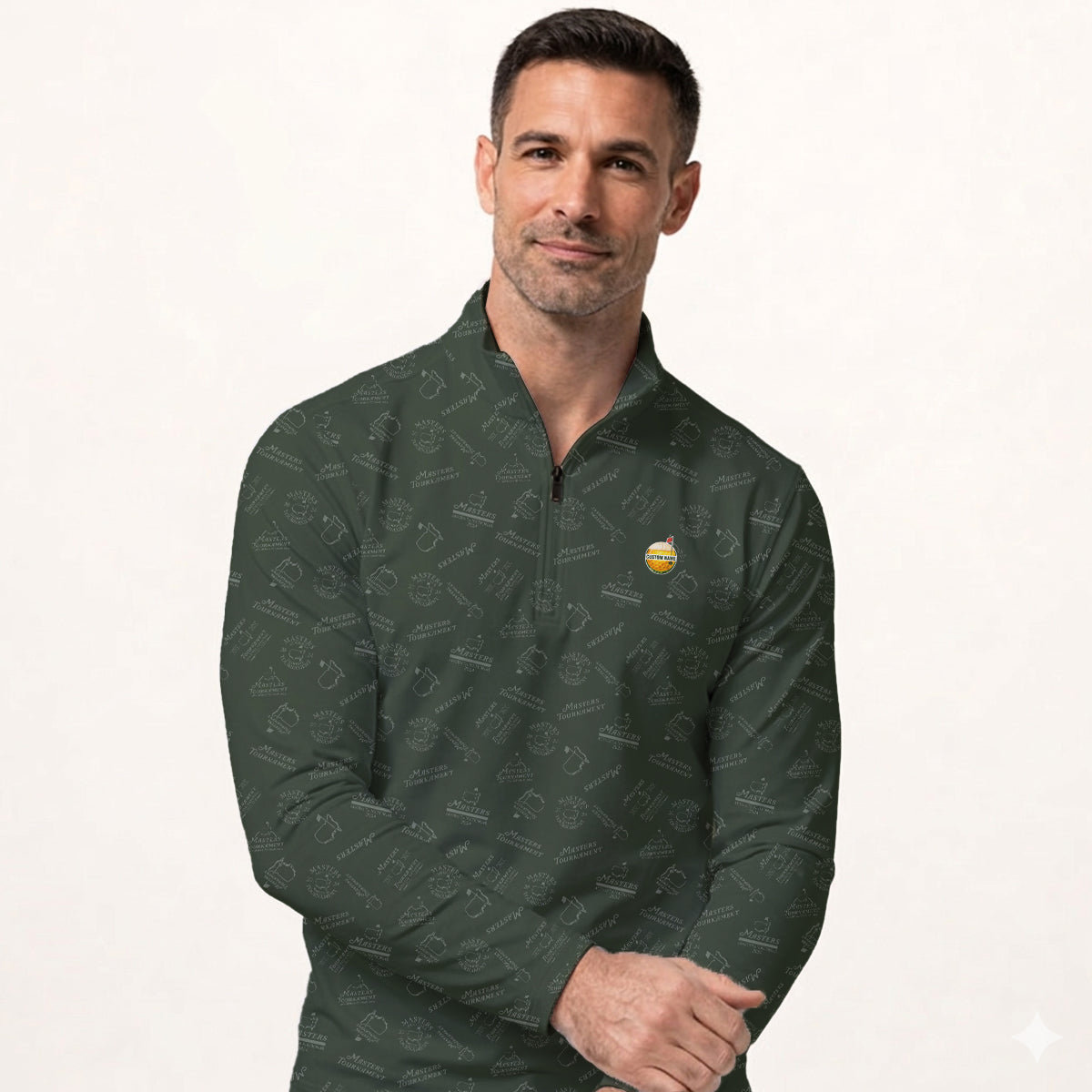 Personalized Masters Style Golf Polo Shirt for Men – Custom Name Golf Ball Logo Performance Polo, Dark Green Pattern Golf Shirt Gift for Golfers