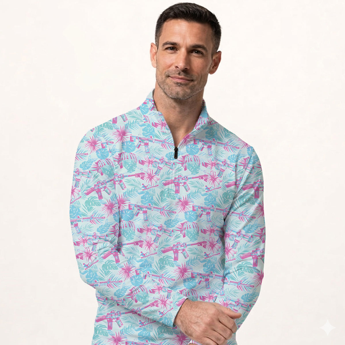 Funny Tactical Hawaiian Golf Polo Shirt for Men – Tropical Pattern Performance Golf Shirt, Lightweight Breathable Novelty Golf Polo