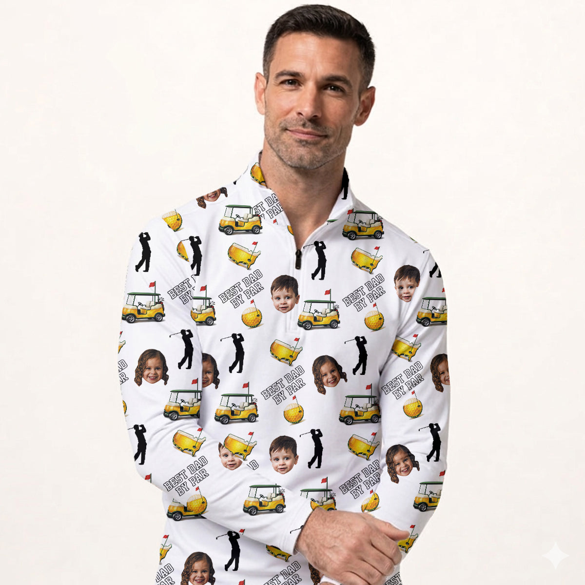 Funny Custom Baby Face, Golf Polo Shirt for Men, Best Dad By Par Golf Cart Pattern