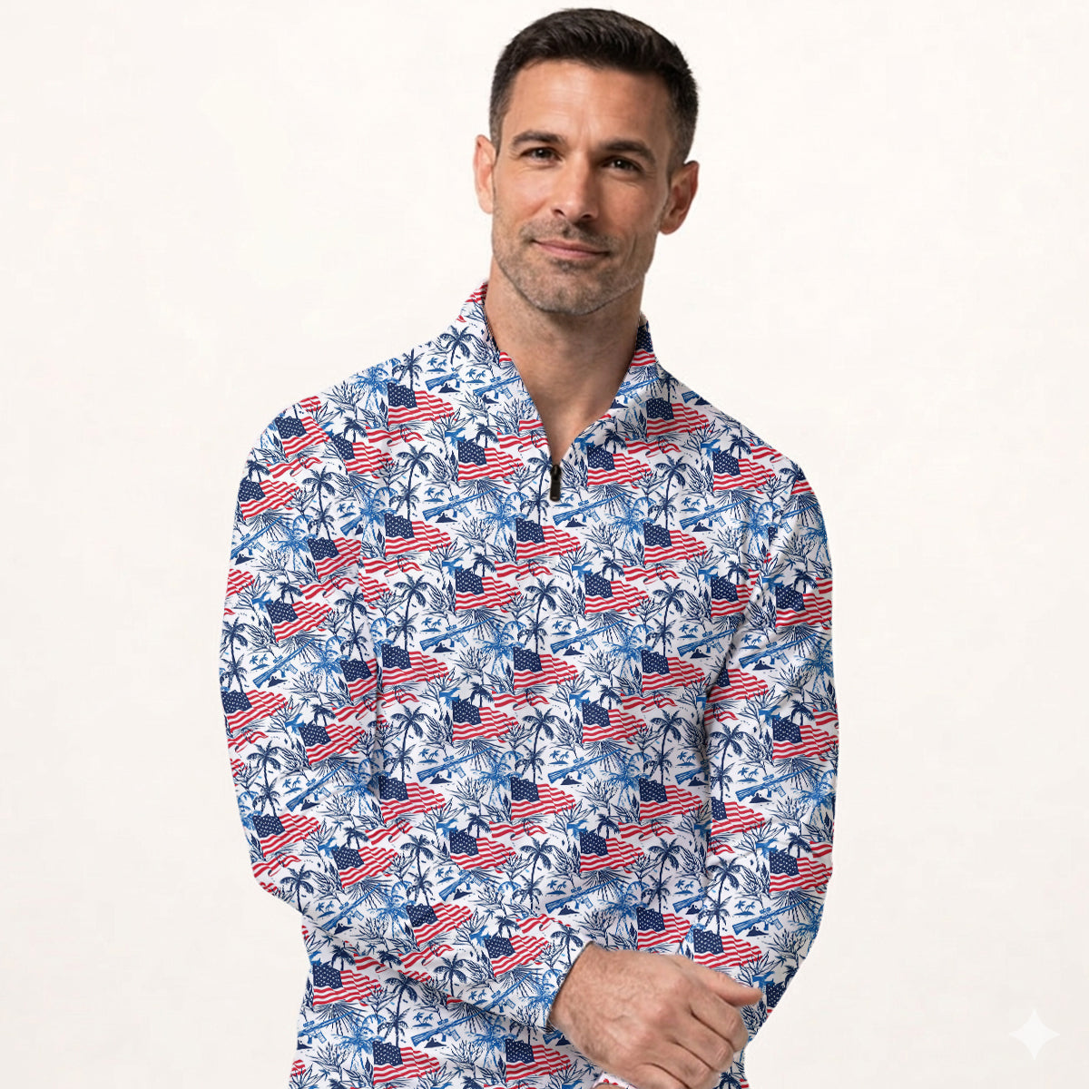 American Flag Hawaiian Golf Polo Shirt for Men – Patriotic USA Tropical Performance Golf Shirt, Lightweight Breathable 4th of July Golf Polo