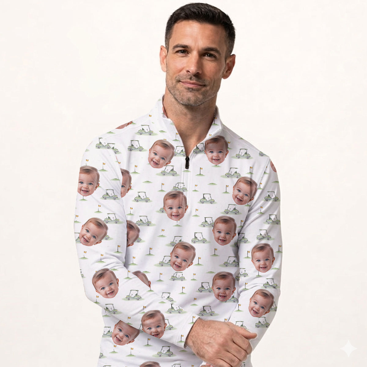 Funny Custom Baby Face Golf Polo Shirt for Men Personalized Photo Golf Shirt with Golf Cart Pattern All Over Print Unique Golf Gift for Dad or Grandpa