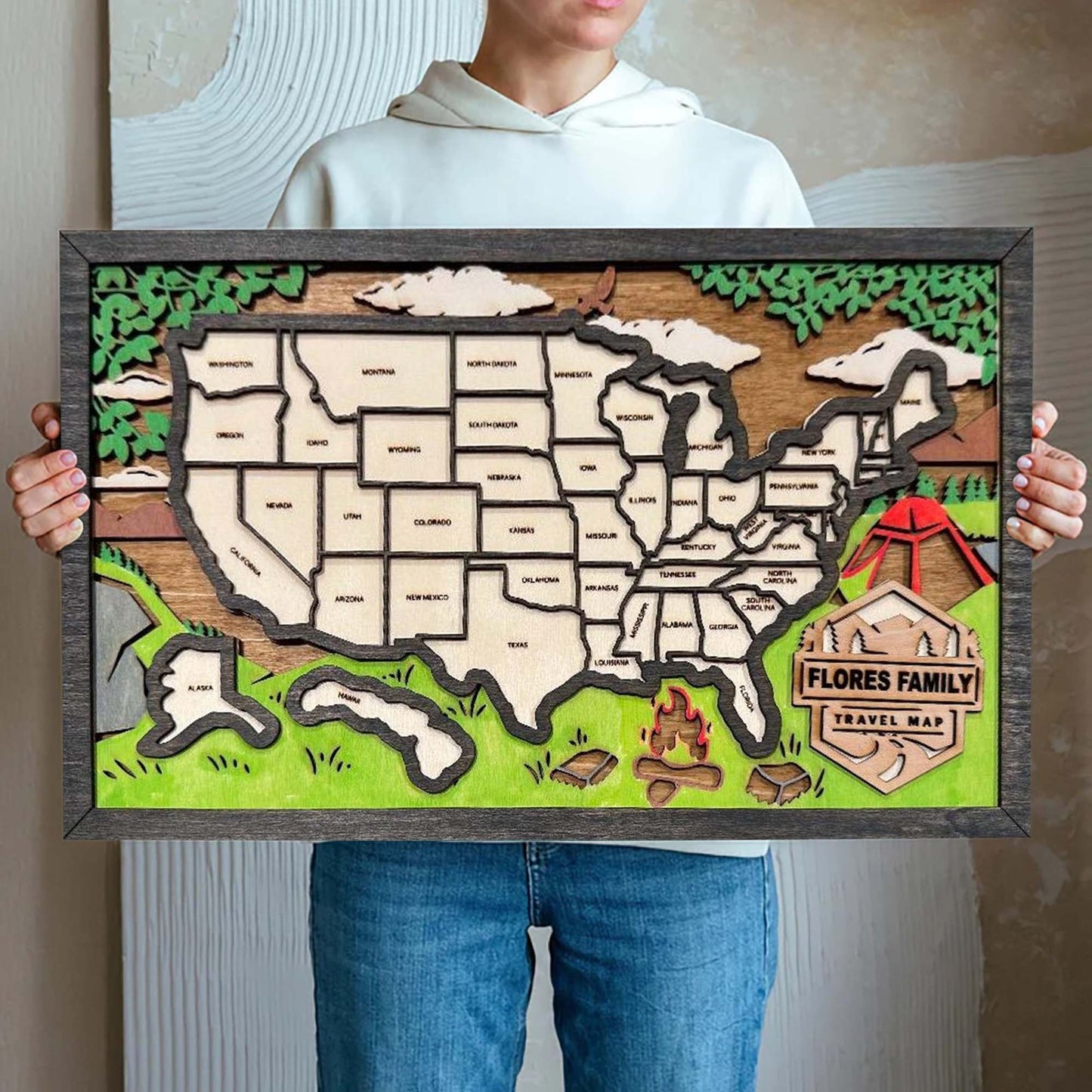 Personalized Wood US Travel Map, US Flag Travel Map Tracker, Road Trip Tracker, Gift for Travelers