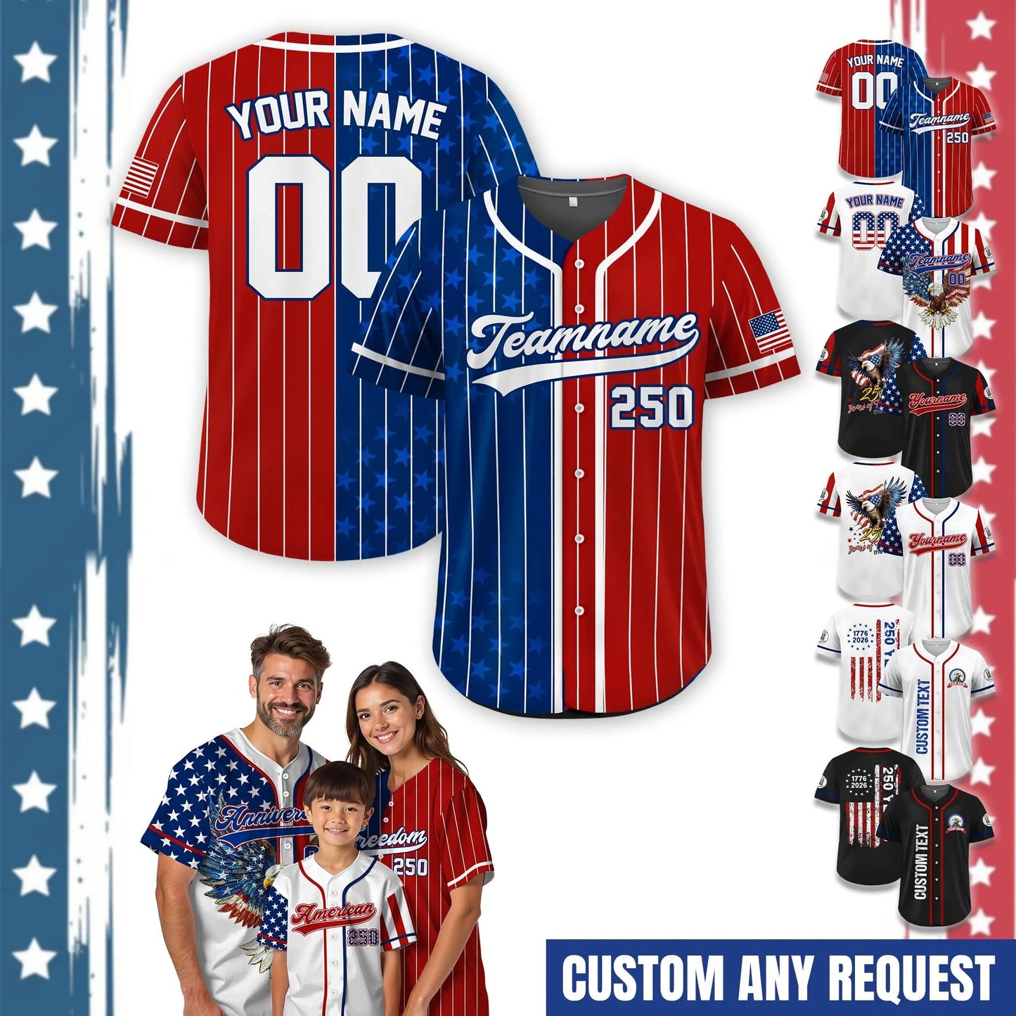 Custom Pinstripe 250th America Anniversary Baseball Jersey, Personalized 4th of July Gift for Baseball Lover, Patriotic Gift Shirt
