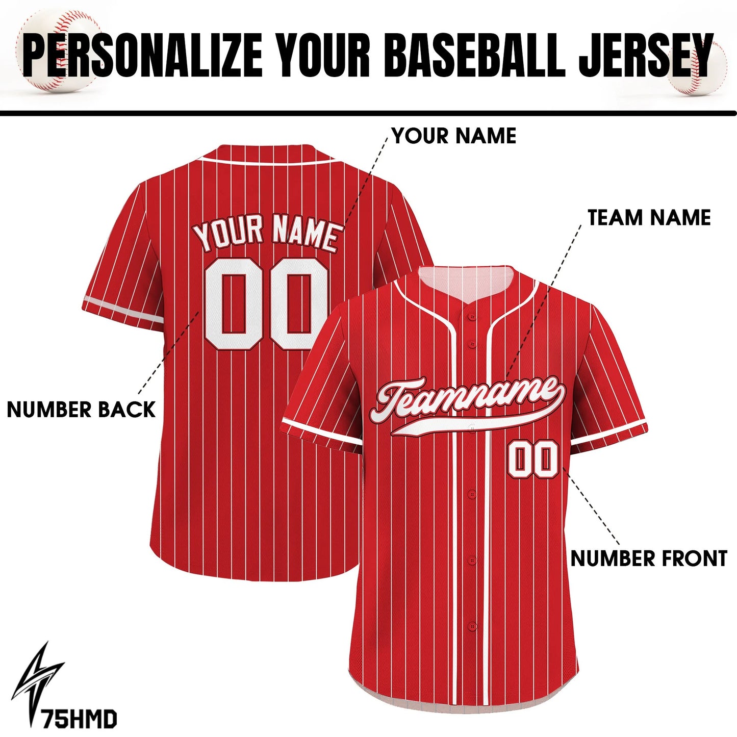 Printed Red White Pinstripe Custom Baseball Jersey With Teamname Name Number, Jersey Shirt for Men Women Youth Kid, Gift for Baseball Fans