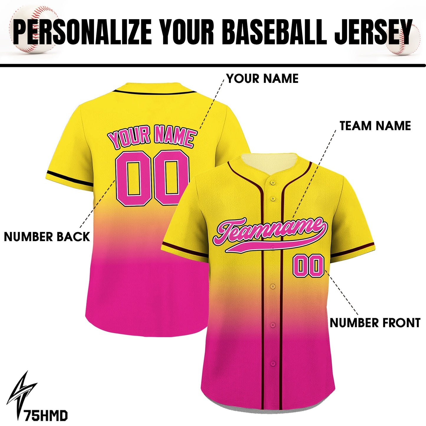 Custom Gradient Baseball Jersey With Teamname Name Number Yellow Pink, Custom Jersey Shirt for Men Women Youth Kid, Gifts for Baseball Fans