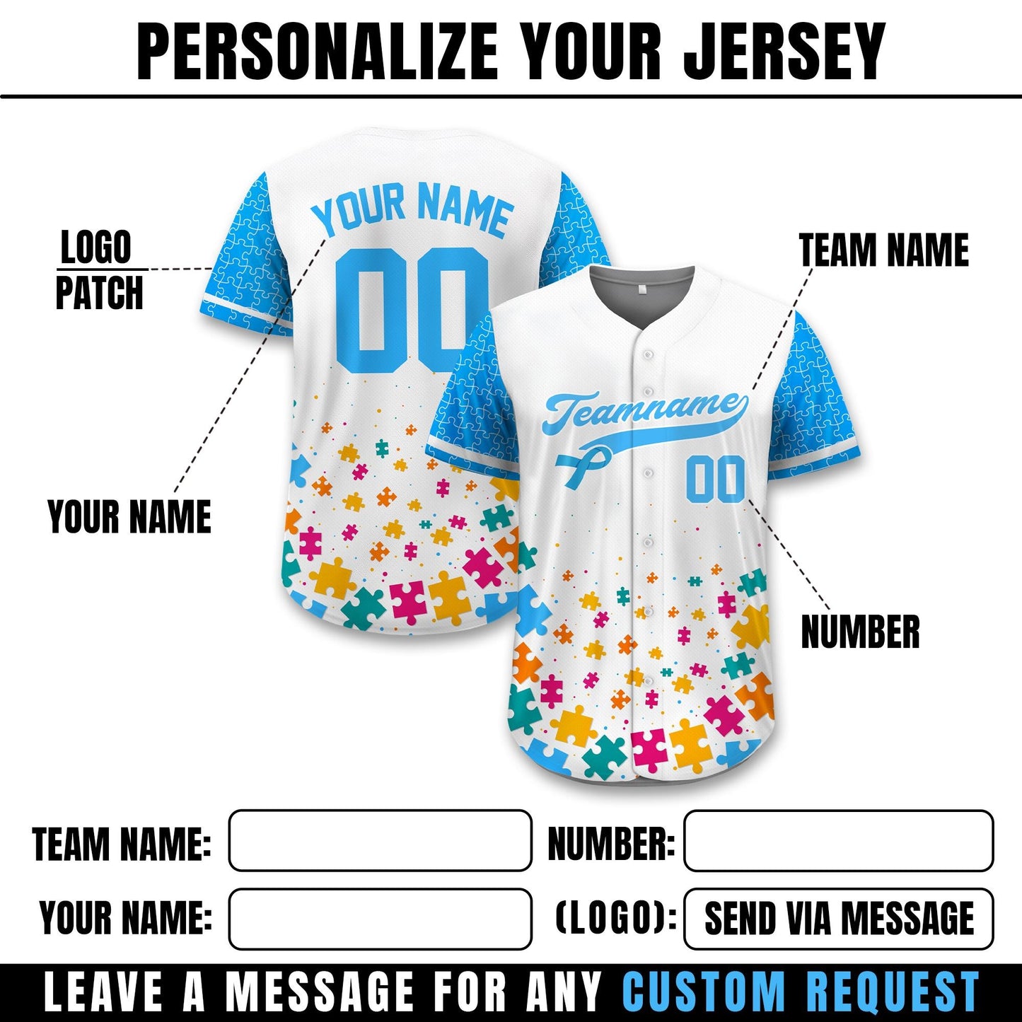 Personalized Autism Awareness Baseball Jersey, Custom Name Number Puzzle Autism Baseball Jersey, Autism Warrior Support Baseball Jersey