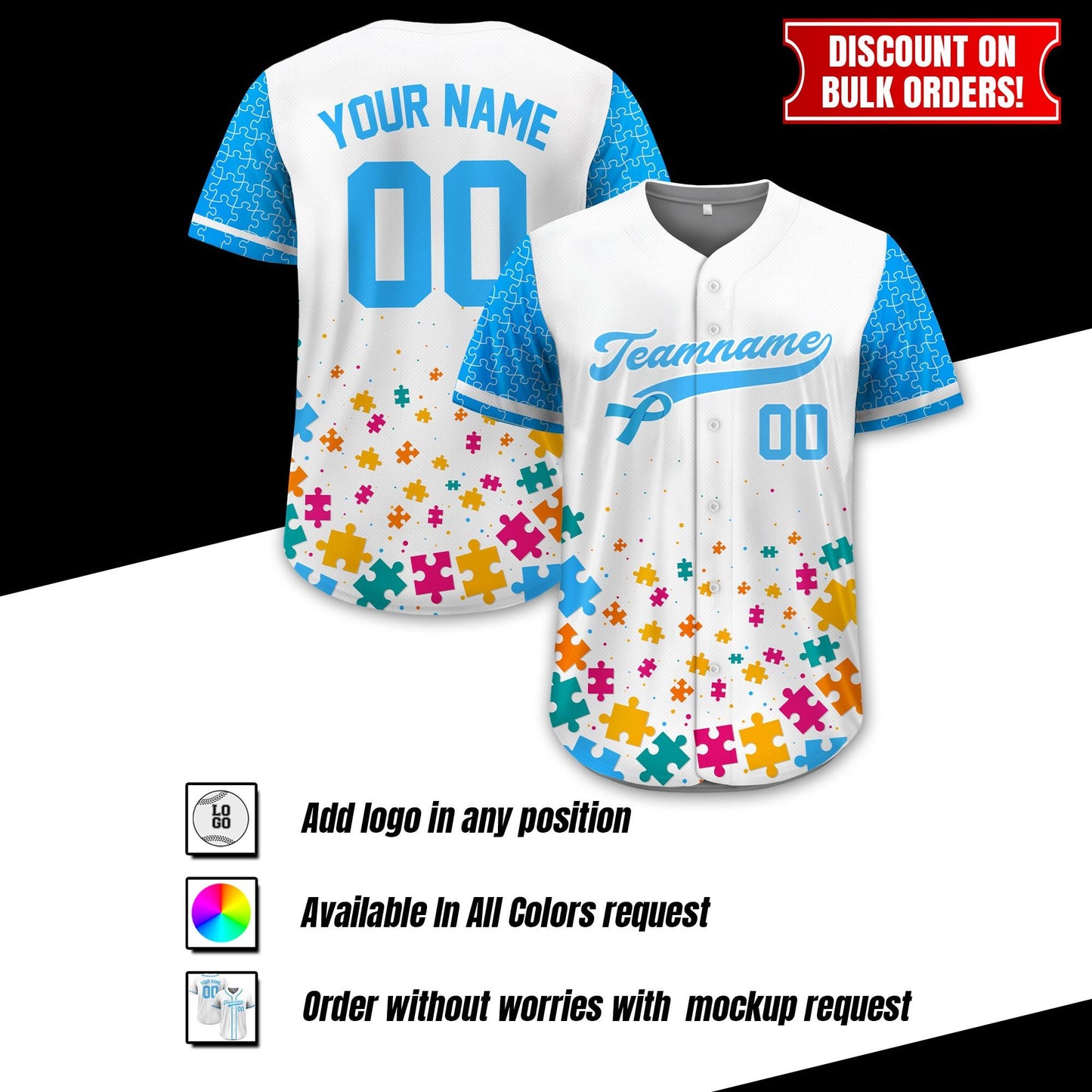 Personalized Autism Awareness Baseball Jersey, Custom Name Number Puzzle Autism Baseball Jersey, Autism Warrior Support Baseball Jersey