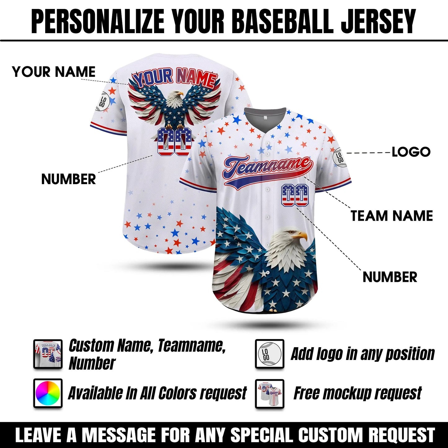 Personalized Eagle American Baseball Jersey, Custom Name Patriotic Jersey USA Flag Shirt, Gift for American Lovers, 4th of July Shirt