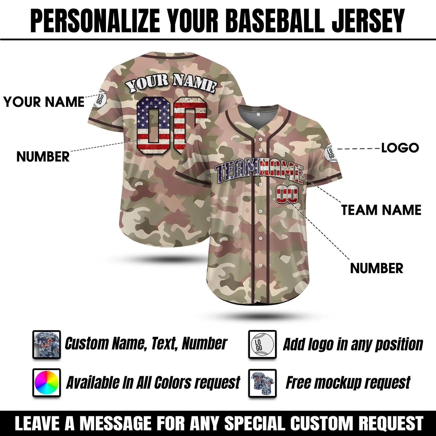 Custom Name Camo Baseball Jersey, Personalized Camouflage Jersey Uniform for Men Women Youth Kid, Patriotic Jersey Gift for Fathers Day