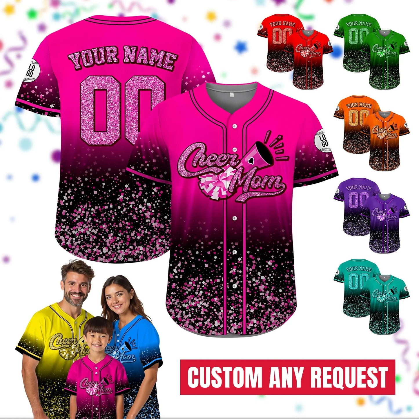 Custom Name Cheerleading Shirt for Cheerleader, Personalized Name Number Glitter Baseball Jersey, Cheer Team Gifts, Mom Gift on Mothers Day
