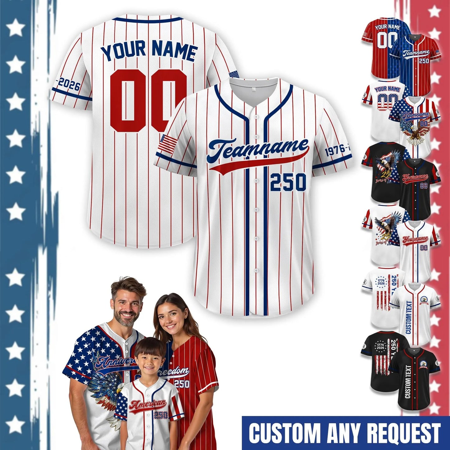 Custom Name 250th America Anniversary Baseball Jersey, Personalized Patriotic Jersey USA Flag Shirt, American Pride Shirt 4th of July
