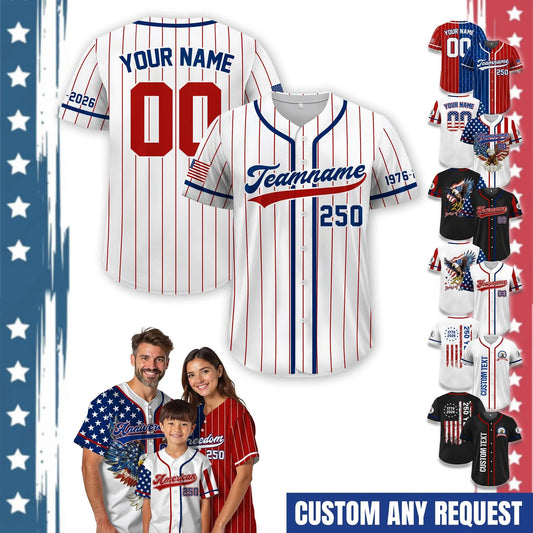 Custom Name 250th America Anniversary Baseball Jersey, Personalized Patriotic Jersey USA Flag Shirt, American Pride Shirt 4th of July